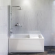 Photo Set of acrylic bath AM.PM Gem W90ASET-150D8 with frame and curtain on board the bath W90BS-D080-140CT+ Shower system Gem with bath mixer F0790000+F90A1000
