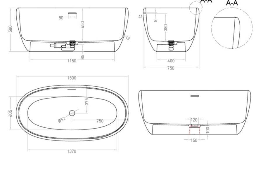 Photo Bath made of artificial stone Salini Luce 150x75 100122MF RAL matte