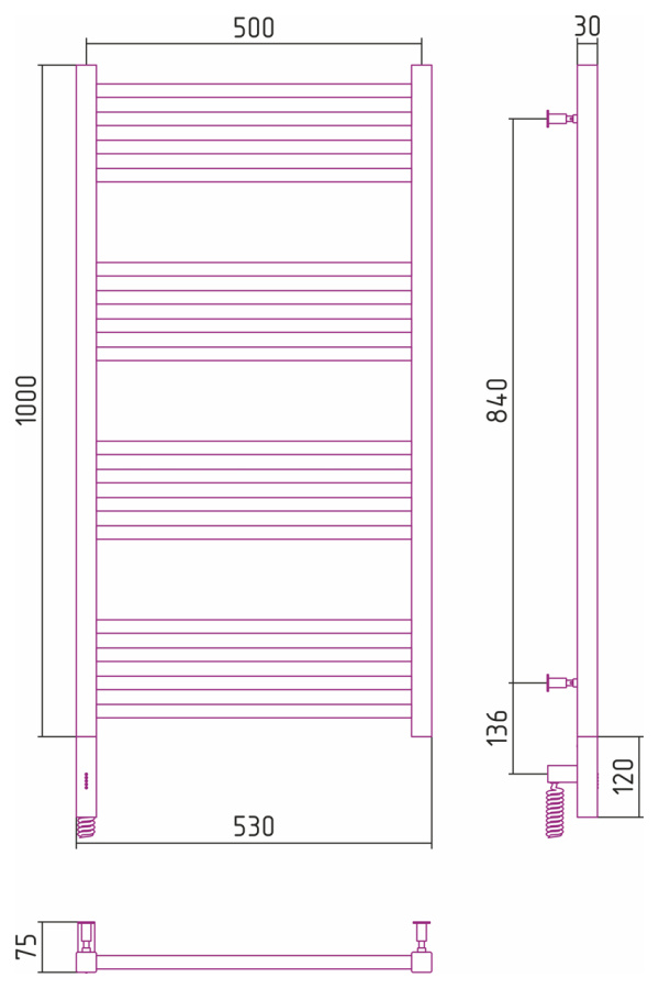 Photo Towel warmer electric Sunerja Modus 3.0 1000x500 MEM left 071-5700-1050 satin