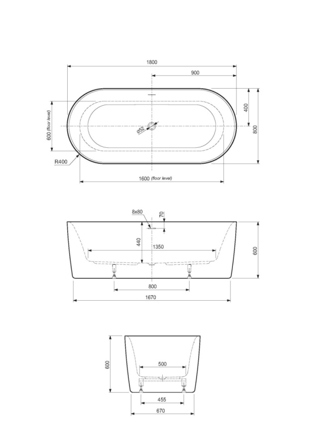 Photo Acrylic bath Cezares Metauro METAURO-INT-Central-180-80-60-G-W-MATT