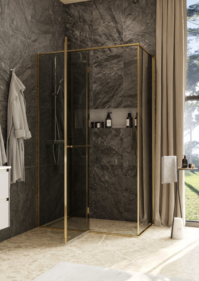Photo Roca Apex door left with side panel 120x90 ZRU9307877 matte gold, tinted glass