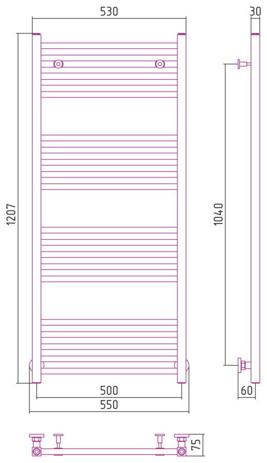 Photo Towel warmer water Sunerja Modus 1200x500 071-0250-1250 satin