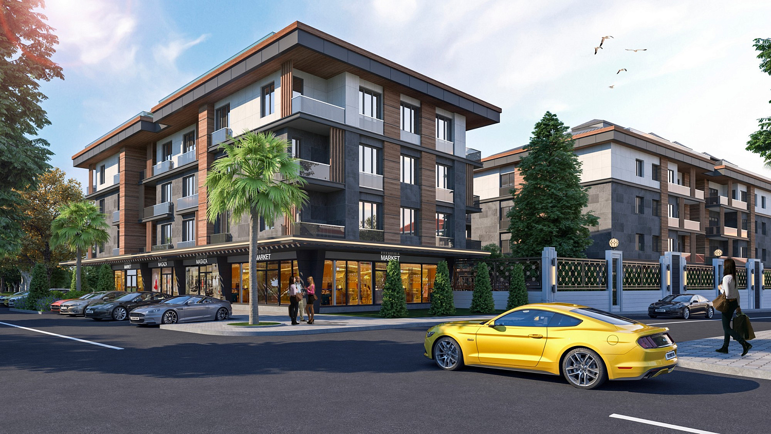 Modern complex next to the marina and green areas