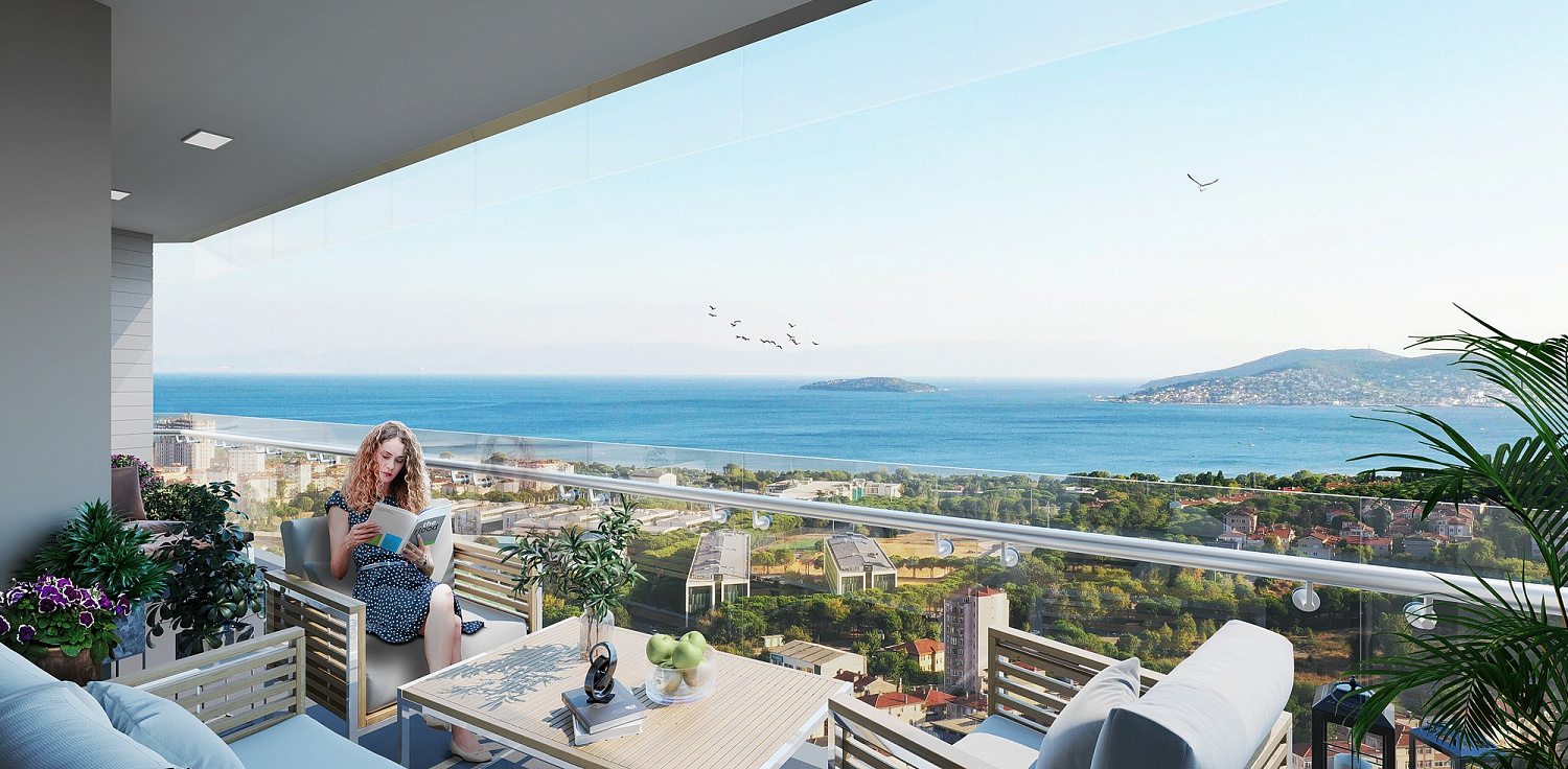 Modern residential complex overlooking the sea and islands