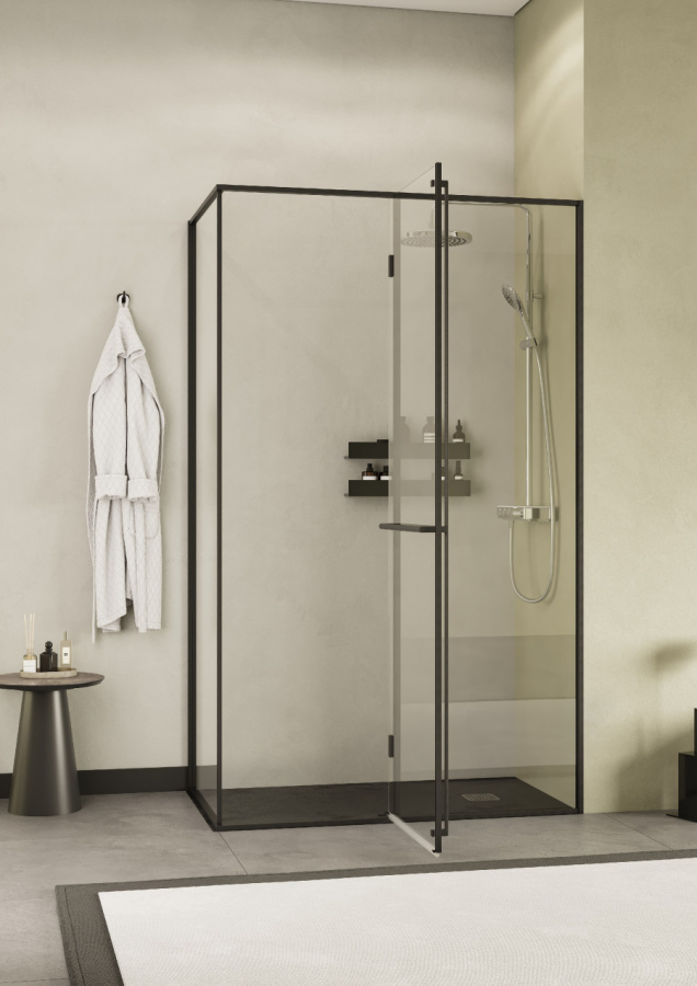 Photo Roca Apex door right with side panel 140x80 ZRU9307901 weapons steel, glass transparent