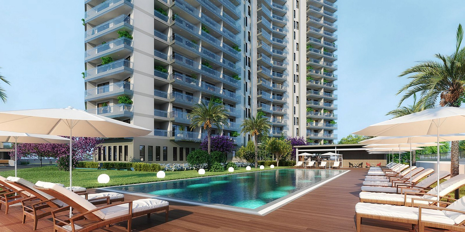 Modern residential complex overlooking the sea and islands
