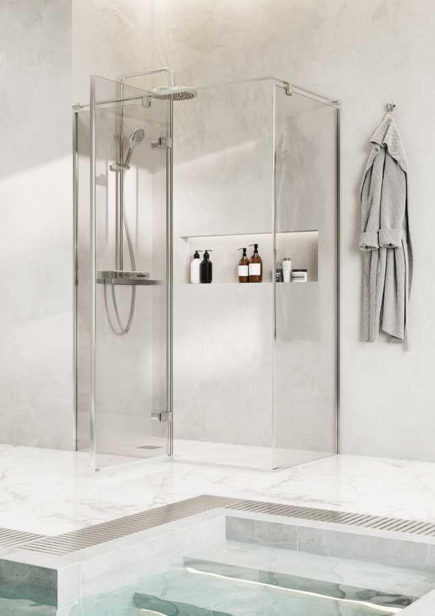 Photo Roca Acropolis door left with side panel 140h70 ZRU9307882 glossy chrome, glass transparent