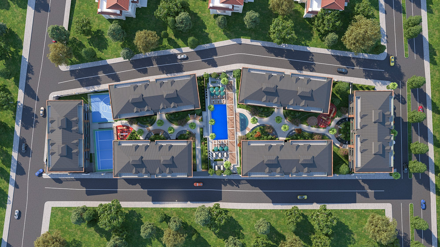 Modern complex next to the marina and green areas