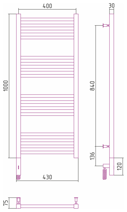 Photo Towel warmer electric Sunerja Modus 3.0 1000x400 MEM left 071-5700-1040 satin