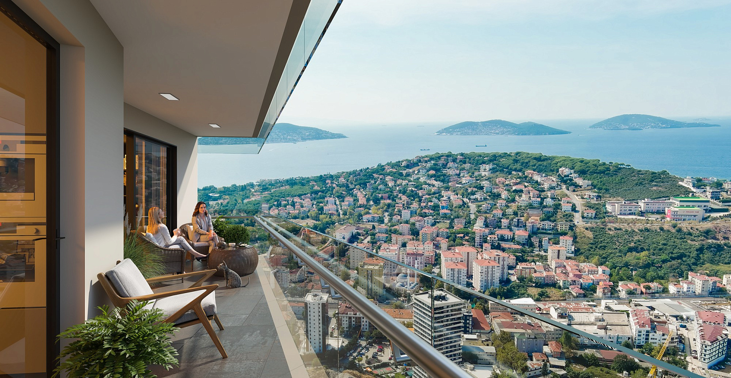 Modern residential complex overlooking the sea and islands