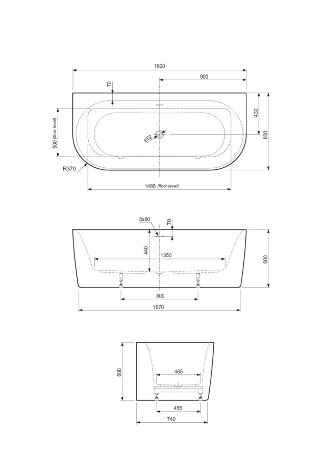 Photo Acrylic bath Cezares Metauro METAURO-INT-Wall-180-80-60